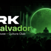 Banner-style poster: BRK El Salvador for a techno/house culture club with a DJ performing on a green-lit stage in front of a large green planet backdrop.