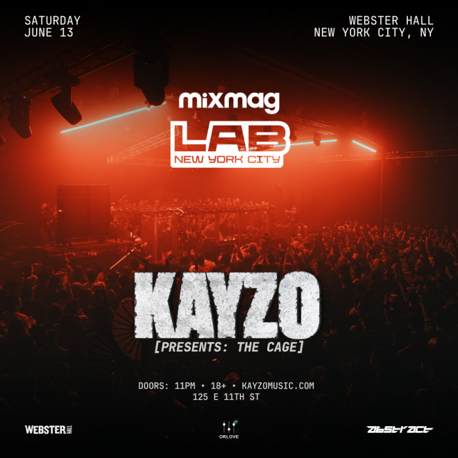 Promotional poster for Mixmag LAB at Webster Hall NYC featuring Kayzo, with a red-lit crowd and event details (June 13, doors 11 PM).