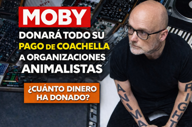 Moby portrait with studio equipment background and bold Spanish headlines about donating Coachella earnings to animal charities.