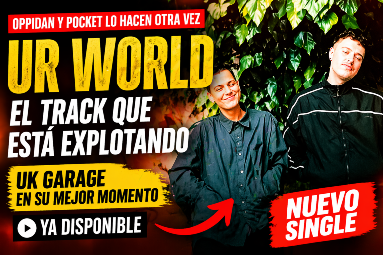 Miniatura promocional en español anunciando el nuevo single 'UR WORLD', con dos hombres sonriendo y rótulos grandes en amarillo y negro.