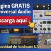 Promoción en collage anunciando 8 plugins gratis de Universal Audio con un gran botón rojo 'Descarga aquí' y equipo de audio vintage sobre fondo azul.
