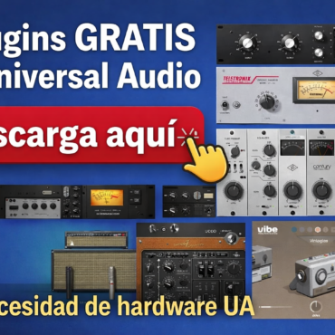 Promoción en collage anunciando 8 plugins gratis de Universal Audio con un gran botón rojo 'Descarga aquí' y equipo de audio vintage sobre fondo azul.