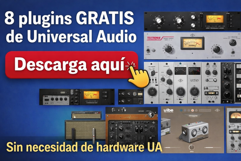 Promoción en collage anunciando 8 plugins gratis de Universal Audio con un gran botón rojo 'Descarga aquí' y equipo de audio vintage sobre fondo azul.