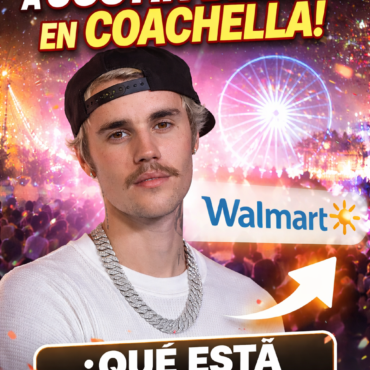 Promotional thumbnail: a man in a cap and chain at a festival with bright, colorful lights, a Walmart logo, and bold Spanish headlines about Walmart taking advantage of Justin Bieber at Coachella; bottom text says "¿Qué está pasando?"