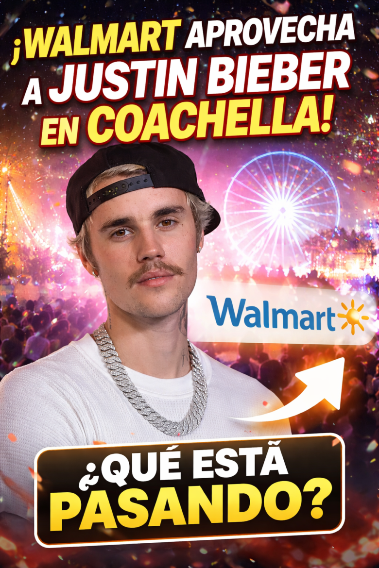 Promotional thumbnail: a man in a cap and chain at a festival with bright, colorful lights, a Walmart logo, and bold Spanish headlines about Walmart taking advantage of Justin Bieber at Coachella; bottom text says "¿Qué está pasando?"