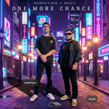 Promotional cover: two men stand in a neon-lit city street at night for the single 'One More Chance' by Andrew's Reb x Muslii. glowing signs surround them.