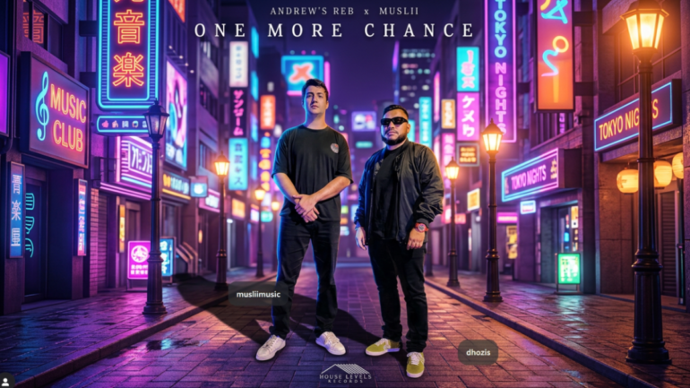 Promotional cover: two men stand in a neon-lit city street at night for the single'One More Chance' by Andrew's Reb x Muslii. glowing signs surround them.