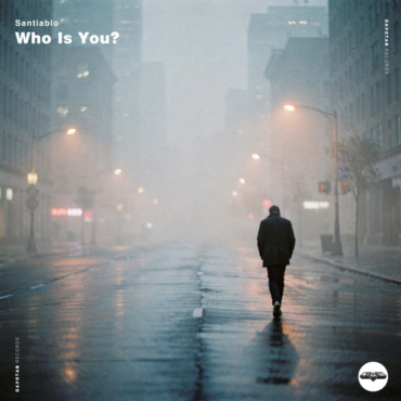 Album cover: a lone man walks away through a foggy, rain-soaked city street at night; 'Santiablo Who Is You?' in the top-left.