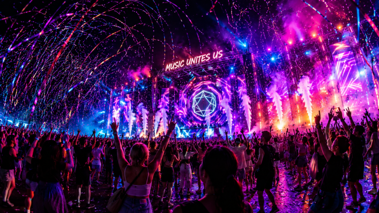 Large outdoor concert at night with colorful lights and a cheering crowd in front of a stage that reads 'Music Unites Us'.