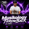 DJ wearing white t-shirt and cap stands behind a purple neon DJ booth with 'Musikology Throwback' title and Pulsar Mix FM branding in the background.