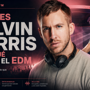 Promotional poster featuring Calvin Harris with a large Spanish headline about EDM and a DJ crowd in the background, dark pink and black tones.