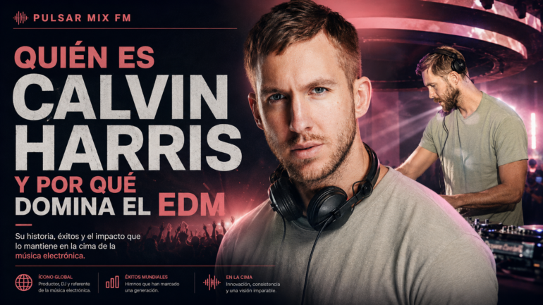 Promotional poster featuring Calvin Harris with a large Spanish headline about EDM and a DJ crowd in the background, dark pink and black tones.