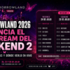 Cartel promocional de Tomorrowland Live 2026 Weekend 2 con horarios de la programación a la derecha del diseño.