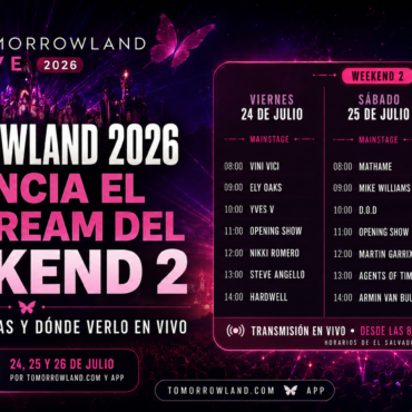 Cartel promocional de Tomorrowland Live 2026 Weekend 2 con horarios de la programación a la derecha del diseño.
