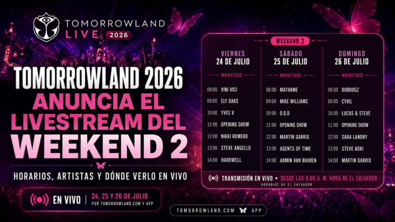 Cartel promocional de Tomorrowland Live 2026 Weekend 2 con horarios de la programación a la derecha del diseño.