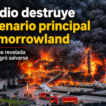 Incendio destruye el escenario principal de Tomorrowland con llamas y gran humo negro.
