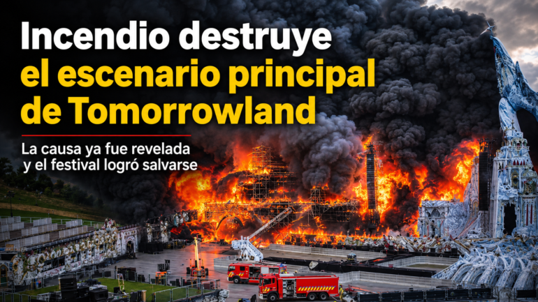 Incendio destruye el escenario principal de Tomorrowland con llamas y gran humo negro.