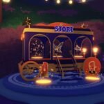 Blue and yellow store wagon on a circular platform at night, with lanterns and oversized glowing mushrooms nearby.