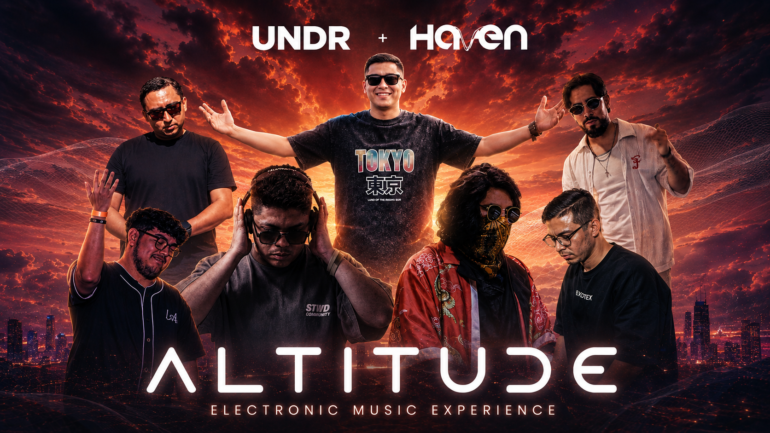 Promotional poster for ALTITUDE electronic music event with seven DJs posing against a fiery sunset and city skyline.
