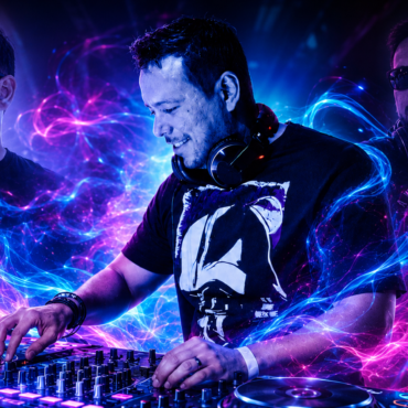 DJ in the center with headphones at a mixing console, flanked by two others, amid neon blue and pink light trails.