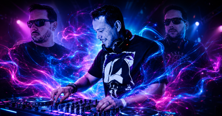 DJ in the center with headphones at a mixing console, flanked by two others, amid neon blue and pink light trails.