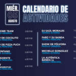 Calendario de actividades con fecha Miér. 05 Agosto y lista de artistas con sus horarios en dos columnas (principal y alterna).