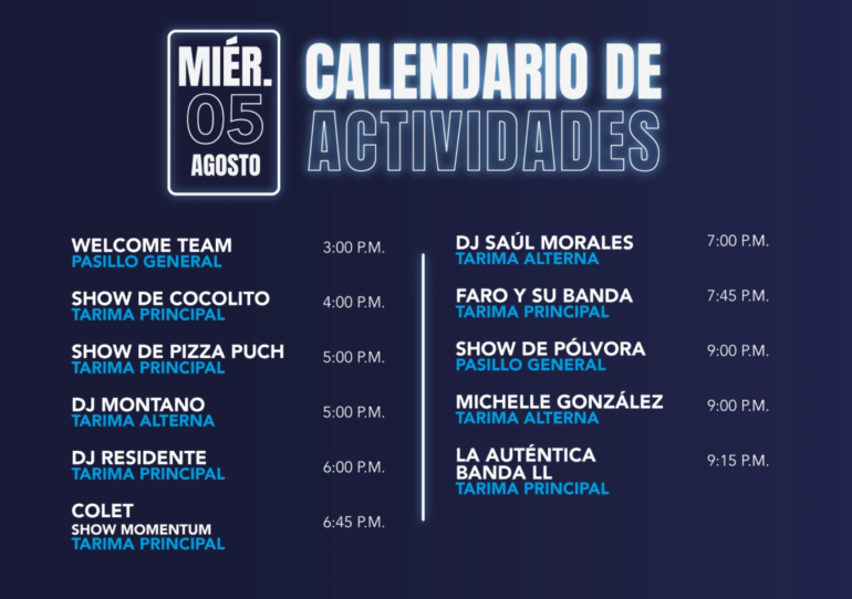 Calendario de actividades con fecha Miér. 05 Agosto y lista de artistas con sus horarios en dos columnas (principal y alterna).