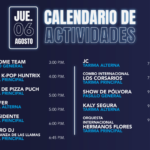 Two-column schedule poster for Thursday, August 6, listing acts with times from 3:00 PM to 9:15 PM at Tarima Principal and Pasillo General, with a neon-blue design and a dark background.