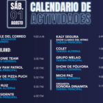 Event schedule poster for Saturday, August 1 with activities listed on left and right columns and a central divider on a dark blue background.