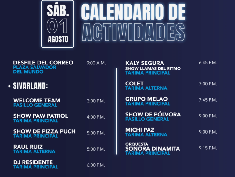 Event schedule poster for Saturday, August 1 with activities listed on left and right columns and a central divider on a dark blue background.