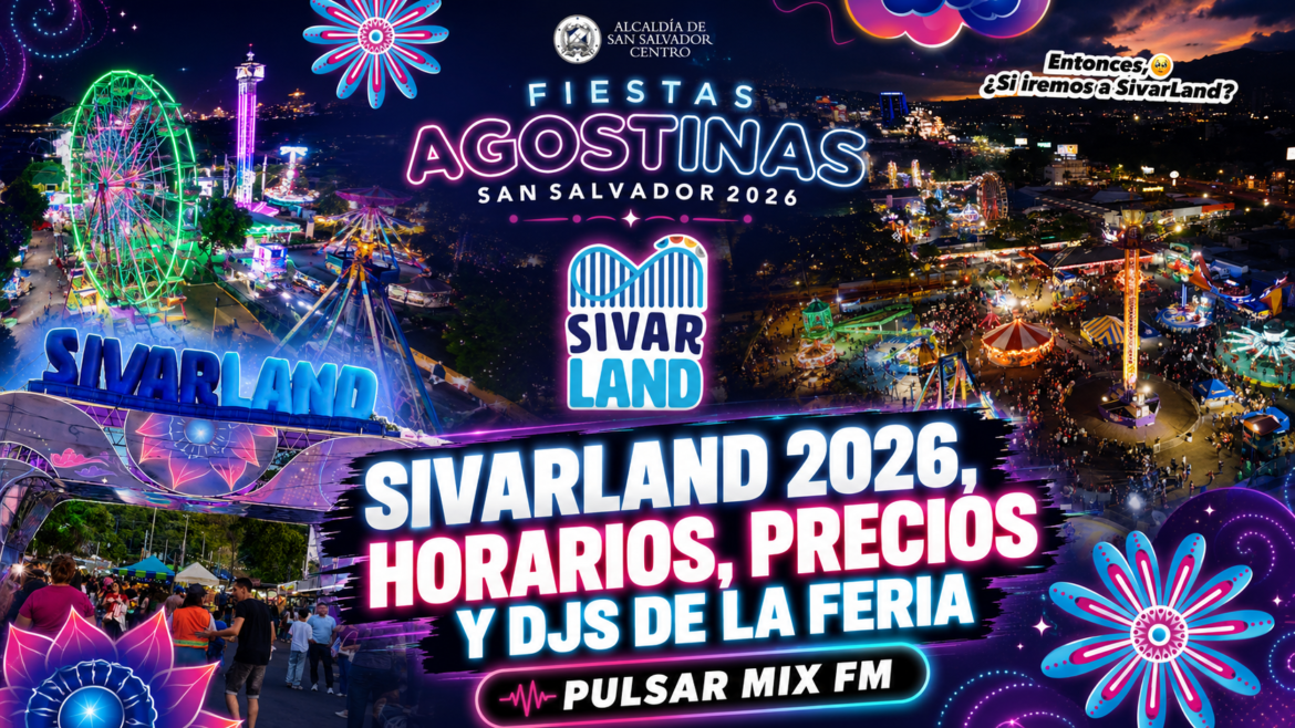 Cartel promocional para Sivar Land 2026 en San Salvador, con luces neón, atracciones y el logo azul del parque.