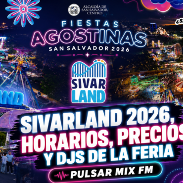 Cartel promocional para Sivar Land 2026 en San Salvador, con luces neón, atracciones y el logo azul del parque.