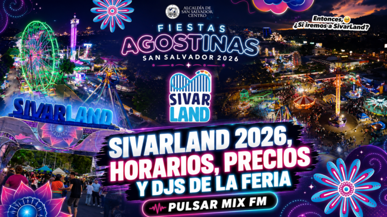 Cartel promocional para Sivar Land 2026 en San Salvador, con luces neón, atracciones y el logo azul del parque.