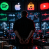 Teléfonos reproduciendo música en serie como ejemplo de fraude de streaming con bots e inteligencia artificial