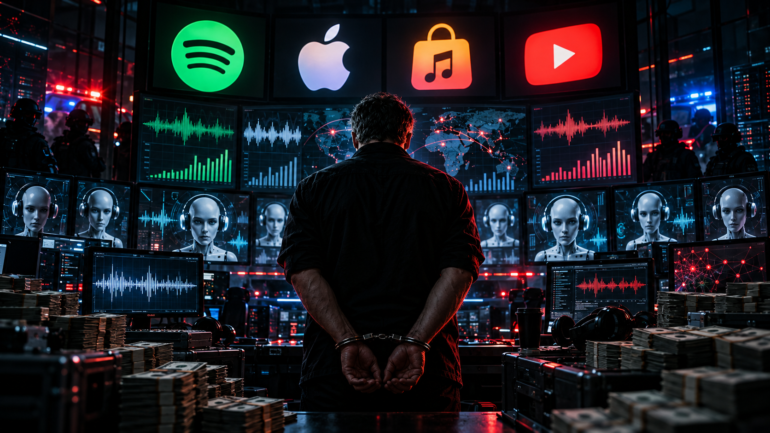 Teléfonos reproduciendo música en serie como ejemplo de fraude de streaming con bots e inteligencia artificial